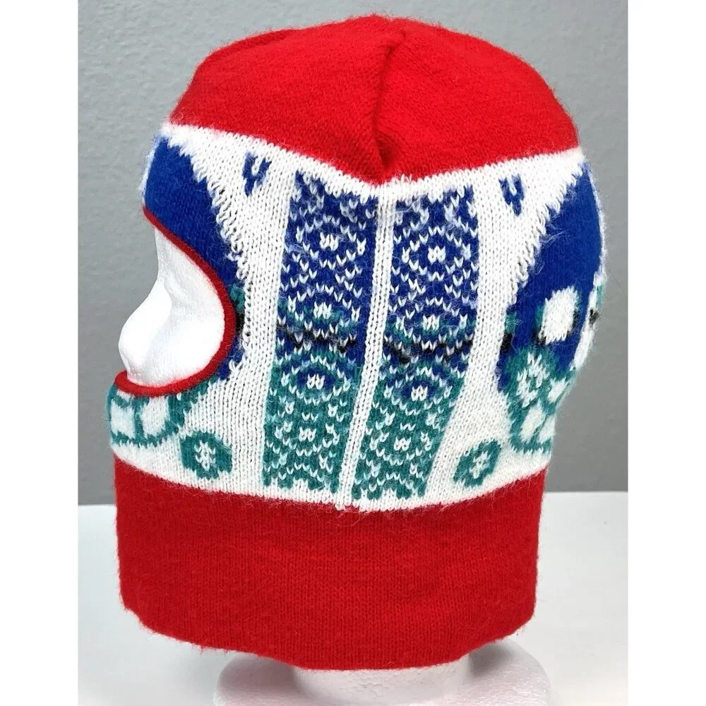 VTG 80s Mens Red Knit Football Helmet Face 1 Hole SKI MASK Balaclava Winter Cap